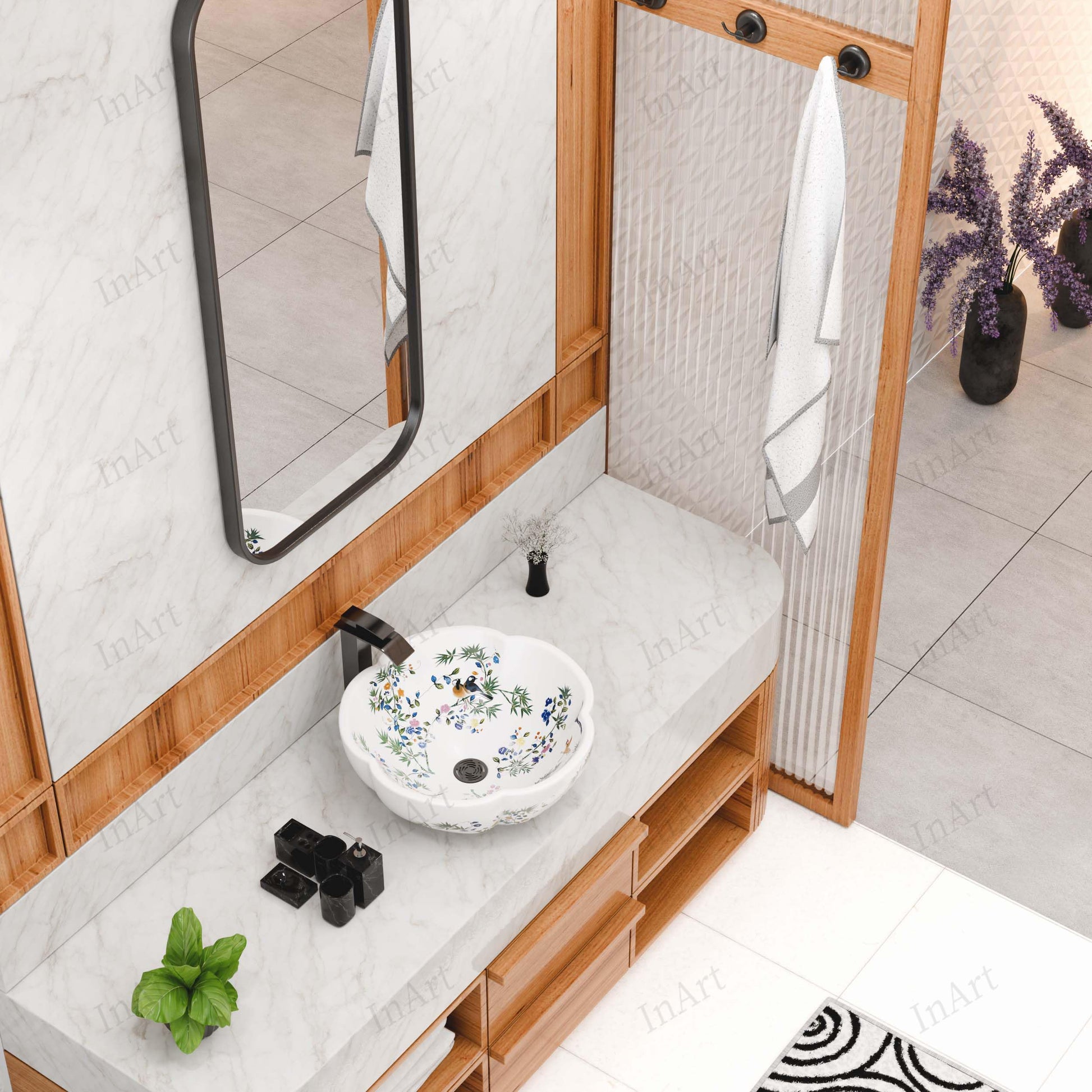 Bathroom sink vanity tops styling with InArt round ceramic wash basin, glossy white floral vessel bowl