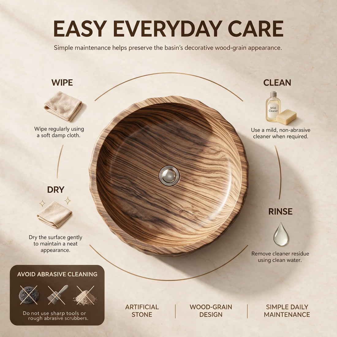 Wood Brown Round Artificial Stone vessel bathroom sink