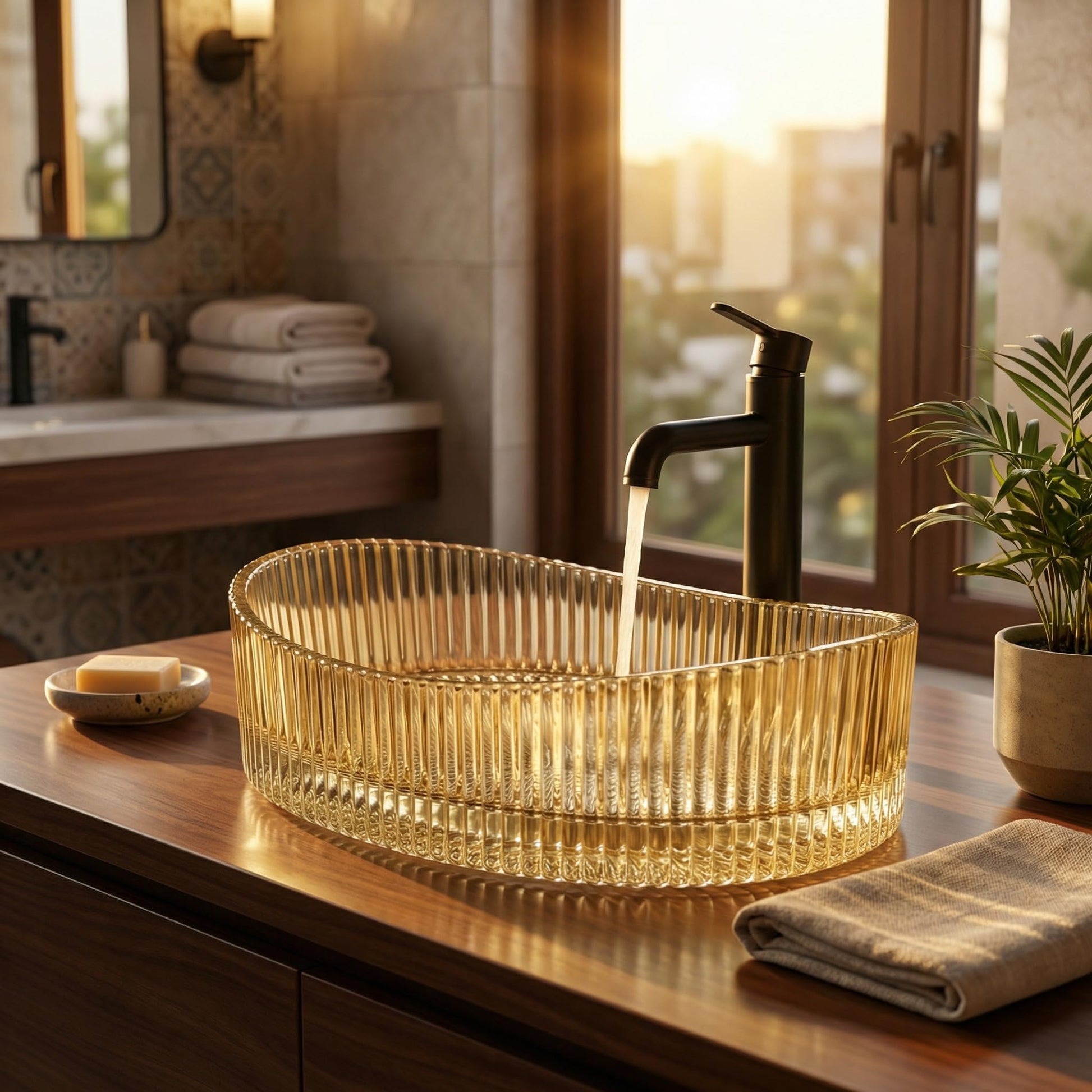Modern vessel sink InArt luxury glossy gold oval glass basin 50x37cm countertop wash bowl