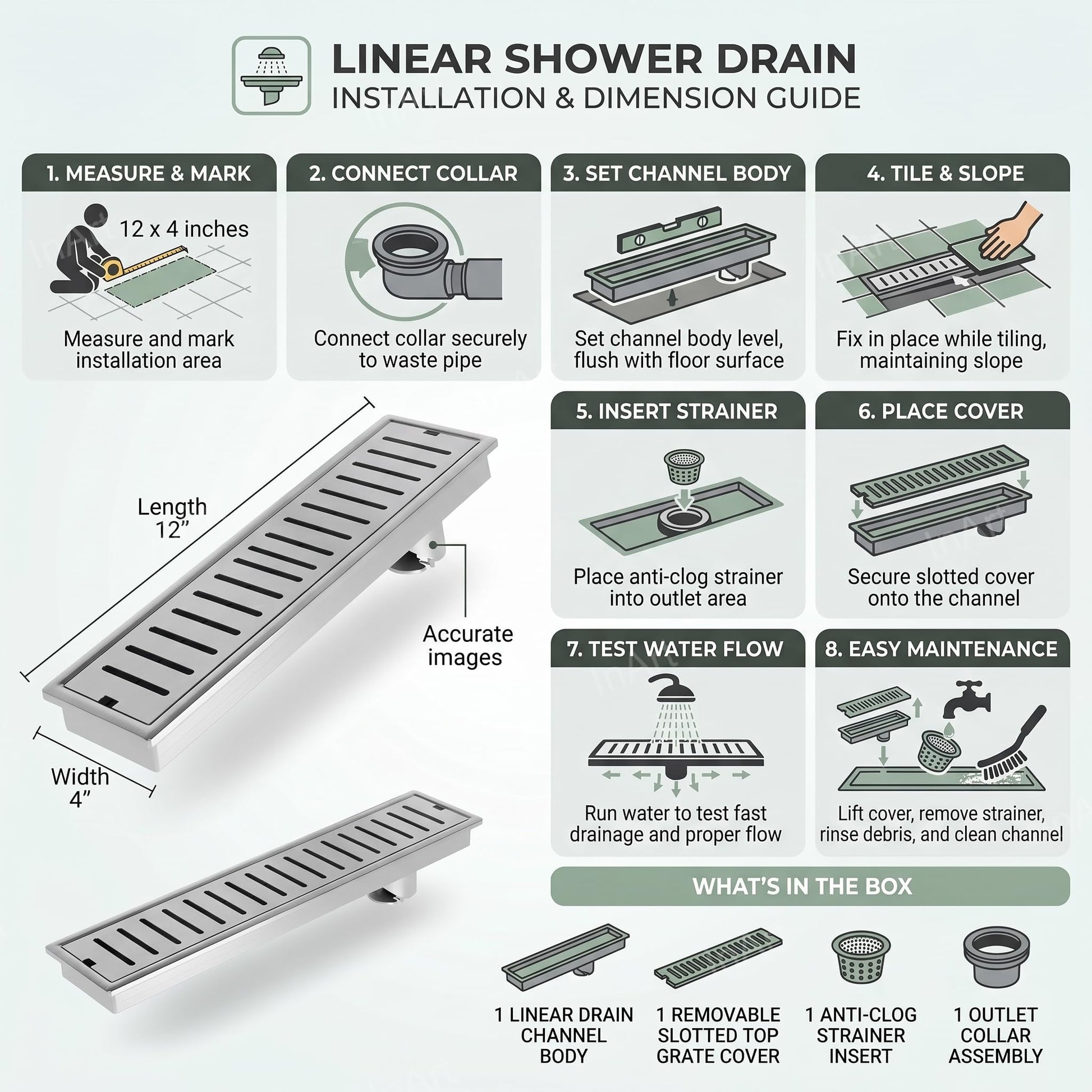 InArt Brushed Stainless 304 Shower Floor Drain – 12" Linear Shower Drain, Strainer, additional product view 6