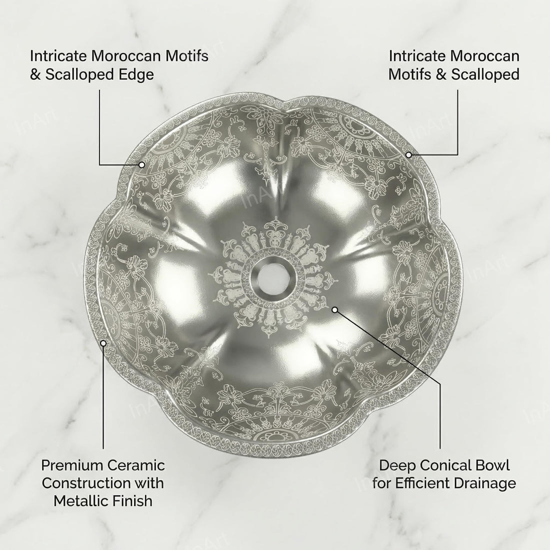 InArt Silver Ceramic Round Vessel Sinks – Moroccan Pattern, 16.5" Above-Counter