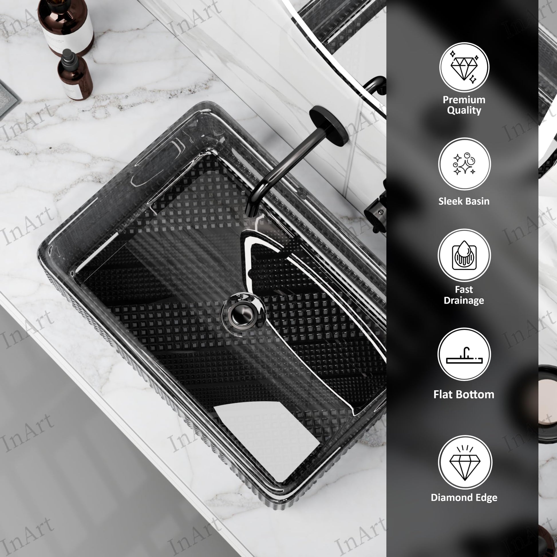 InArt Smoked Black Tempered Glass Rectangular Vessel Sink – Textured Design, 18.11"x12.99", additional product view 6