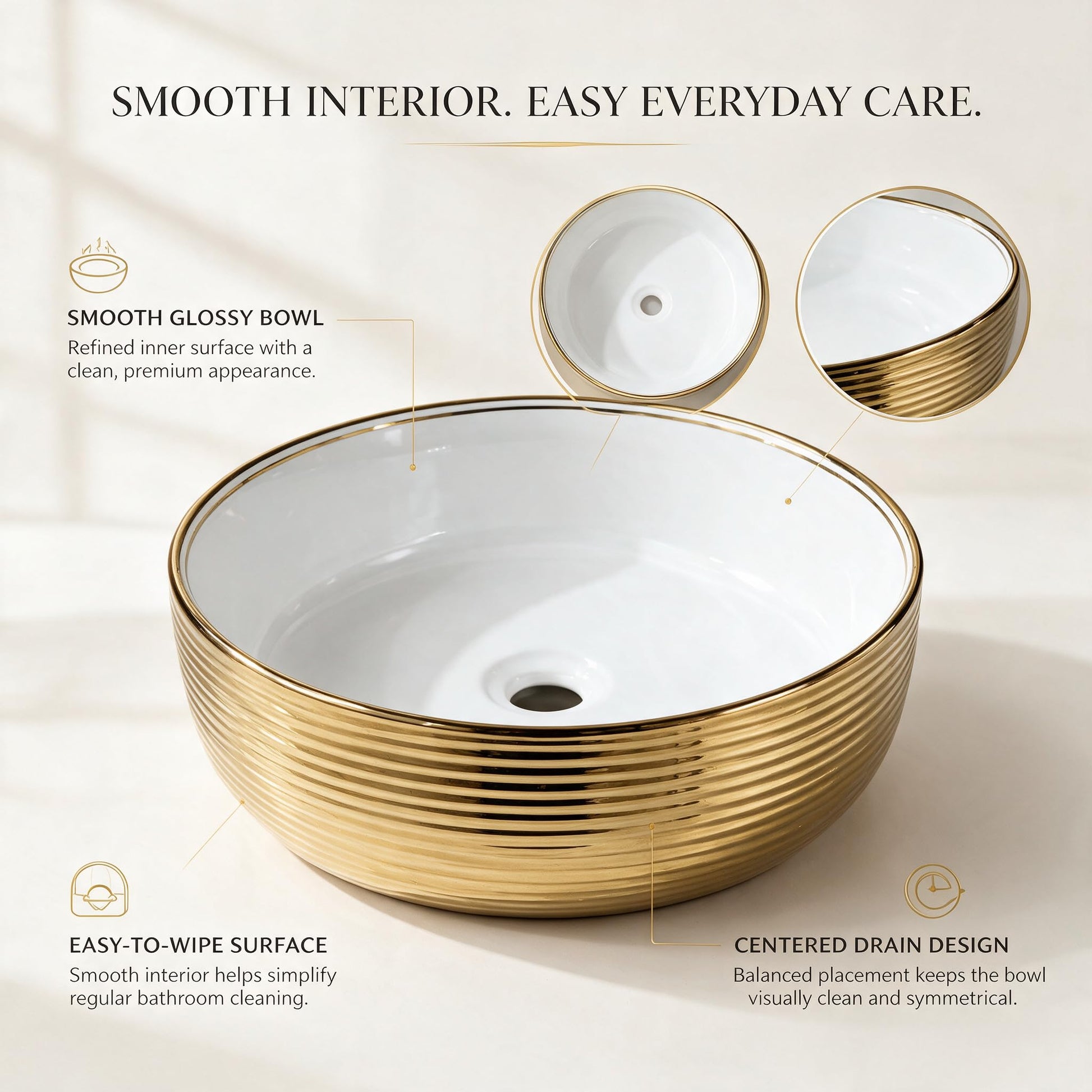 White and Gold Round Ceramic vessel bathroom sink, additional product view 4