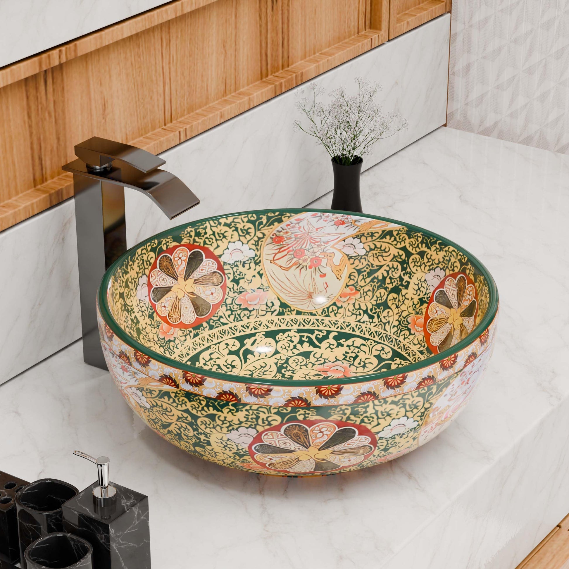 Vessel sinks InArt green multicolor round ceramic vessel sink 42cm tabletop bathroom wash basin