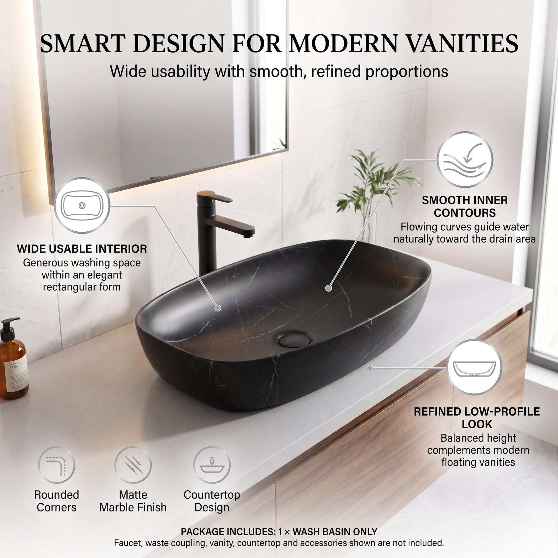 Black Rectangular Ceramic vessel bathroom sink, additional product view 6