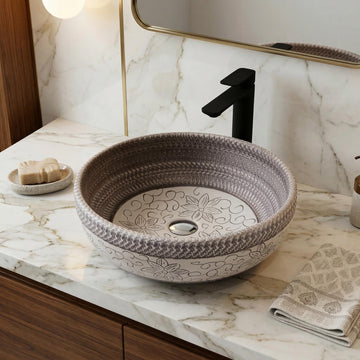 InArt Ash Gray/White Ceramic Round Vessel Sink – Satin Finish Patterned Exterior, 16"