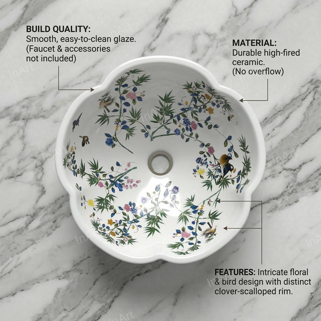 InArt Vessel Sinks for Bathroom – Glossy White Ceramic Round, Scalloped Rim 16.5"