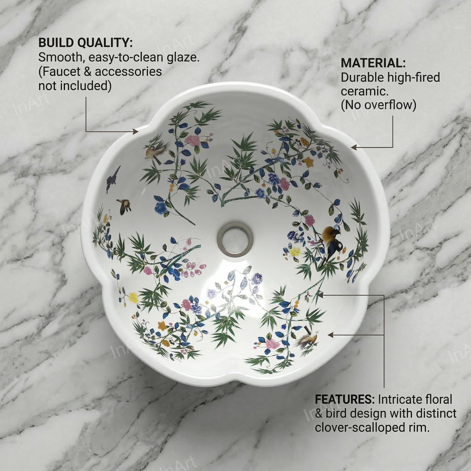 InArt Vessel Sinks for Bathroom – Glossy White Ceramic Round, Scalloped Rim 16.5", additional product view 2