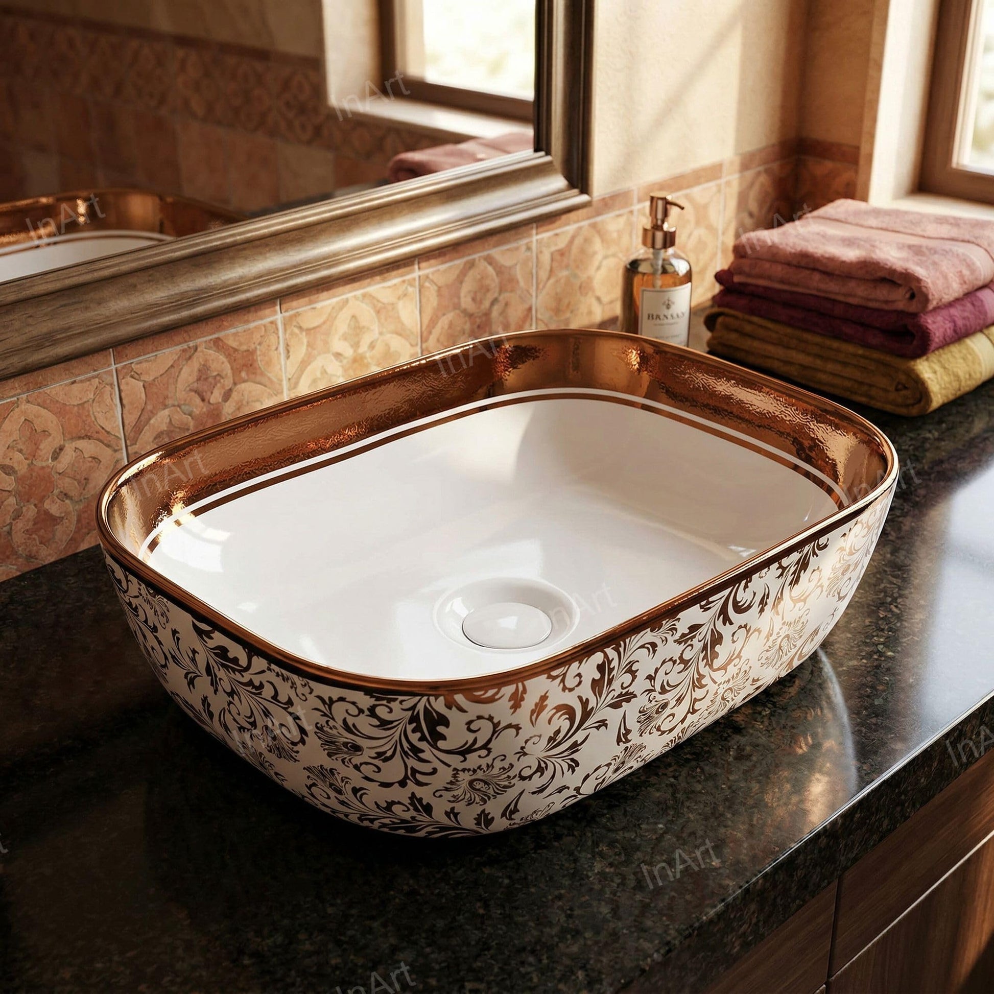 Close-up rose gold finish on rectangular ceramic vessel sink rim, modern vessel sink for bathroom vanity