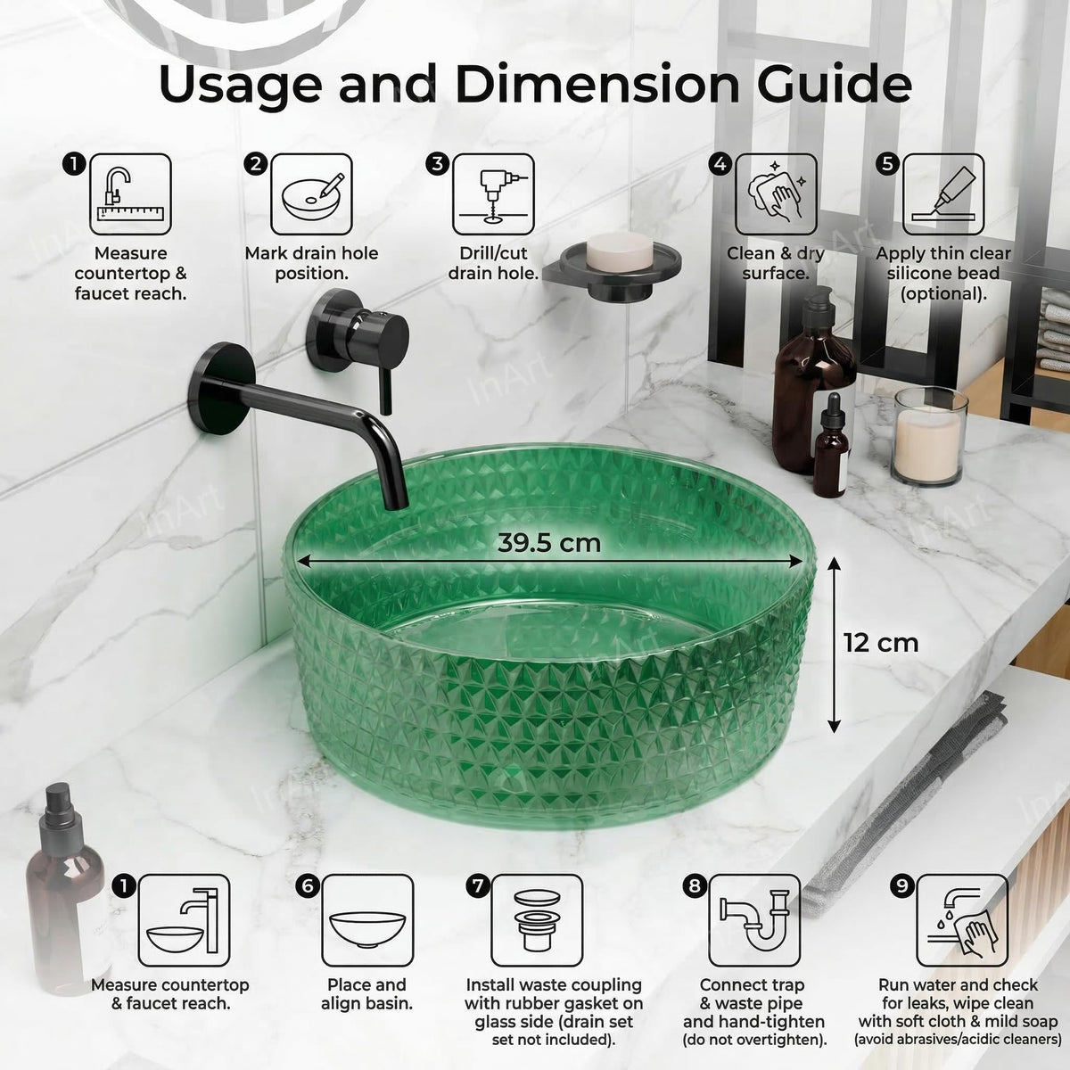 InArt Green Tinted Glass Vessel Sink for Countertop Bathroom Vanities, 15.6 Inch, additional product view 6