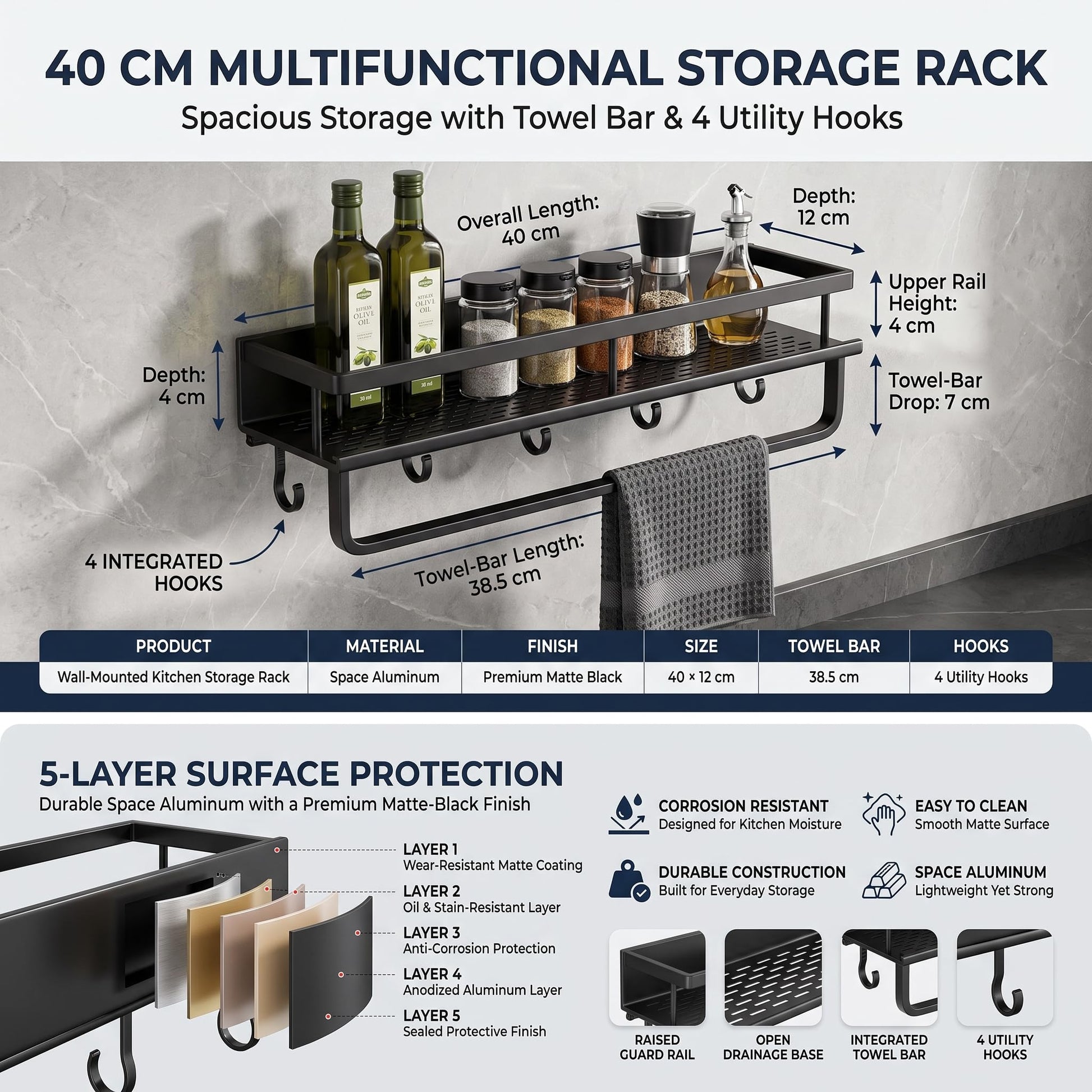 Matte black aluminum kitchen shelf holding spice jars and bottles