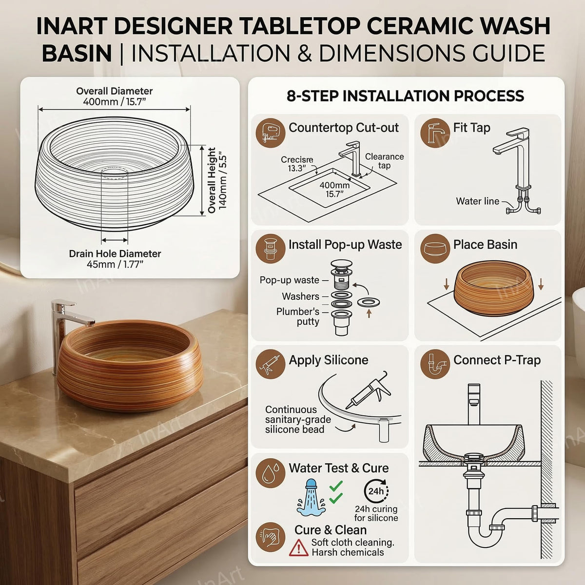 InArt Wood-Grain Glossy Ceramic Round Vessel Sink – Above Counter, 16.5" Bathroom Bowl, additional product view 6