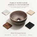 Round wood-grain ceramic vessel sink shown with coordinating countertop materials