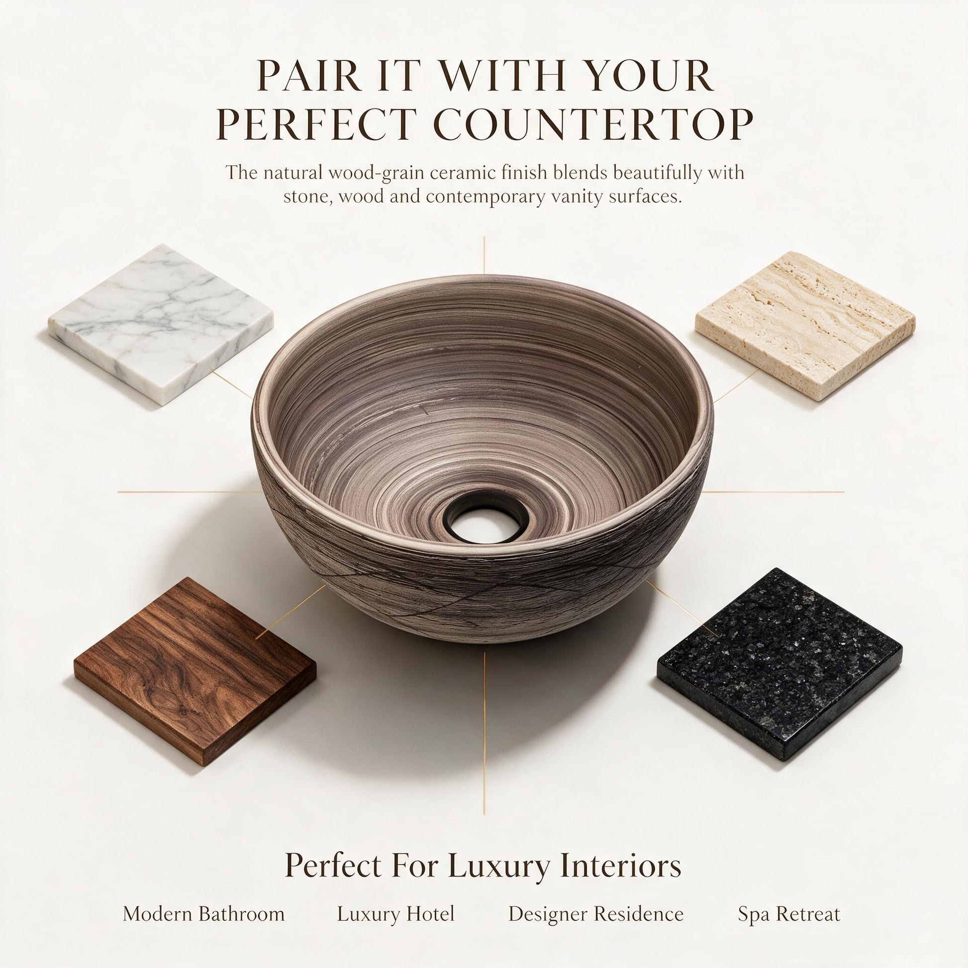 Round wood-grain ceramic vessel sink shown with coordinating countertop materials