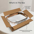 Scale view 18x13x5.5 rectangular ceramic sink basin in rose gold, above counter bowl sink for bathroom