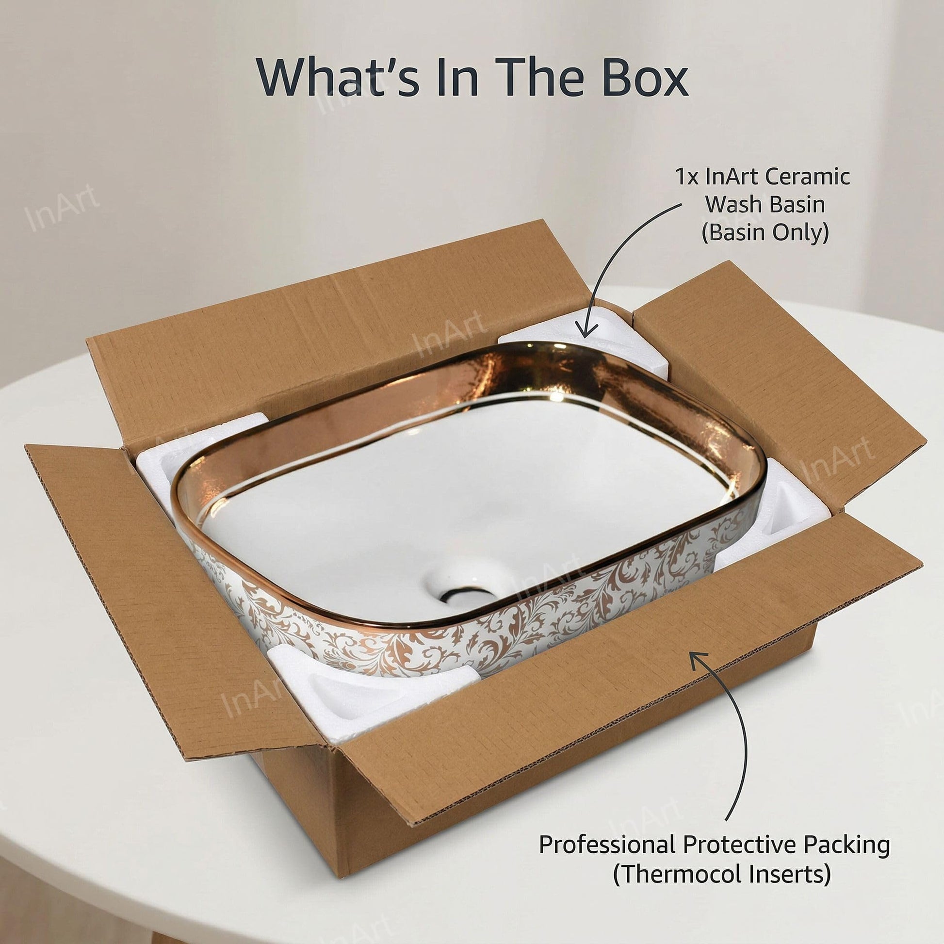 Scale view 18x13x5.5 rectangular ceramic sink basin in rose gold, above counter bowl sink for bathroom