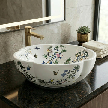 InArt Vessel Sinks for Bathroom – Glossy White Ceramic Round, Scalloped Rim 16.5"