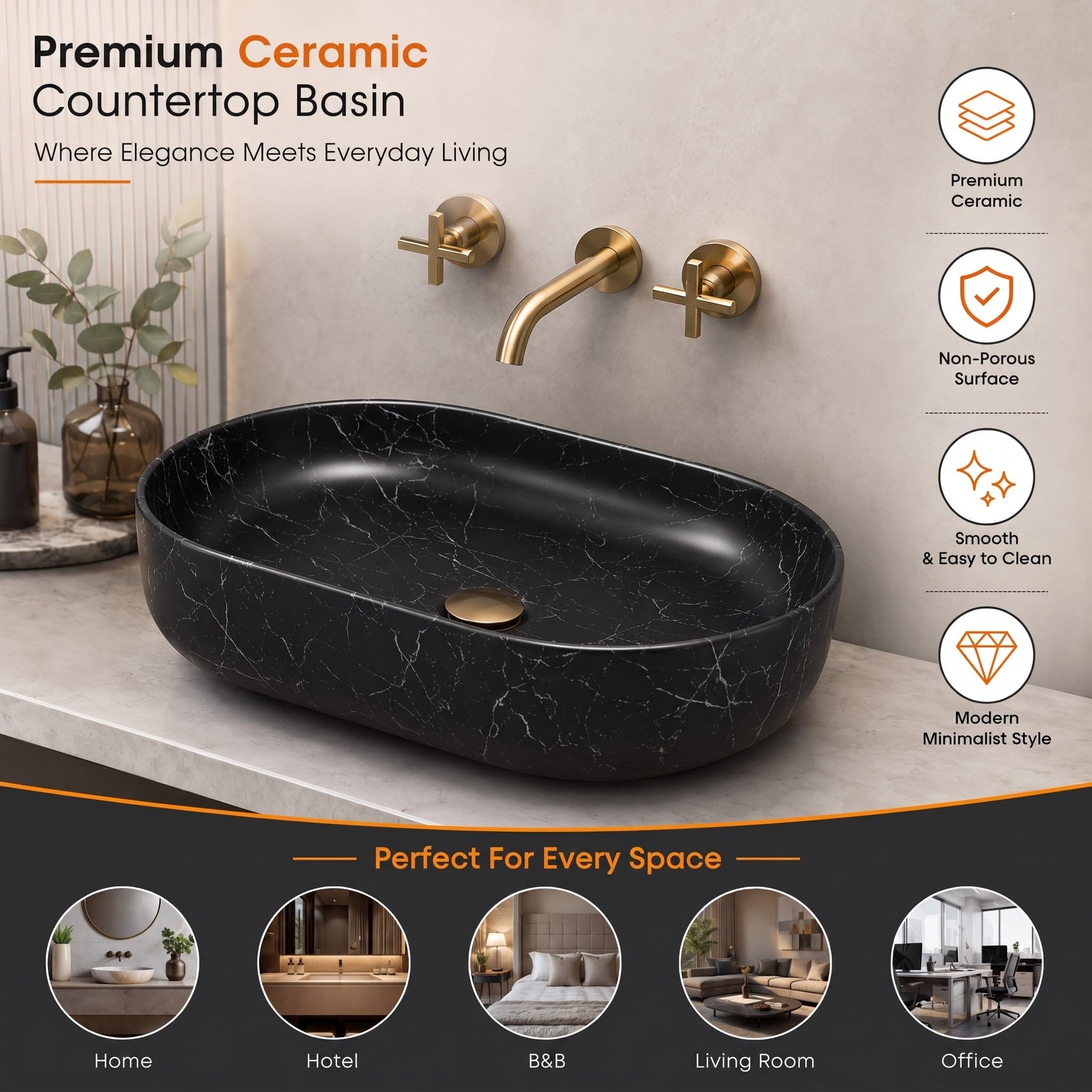 Black Oval Ceramic vessel bathroom sink, additional product view 5