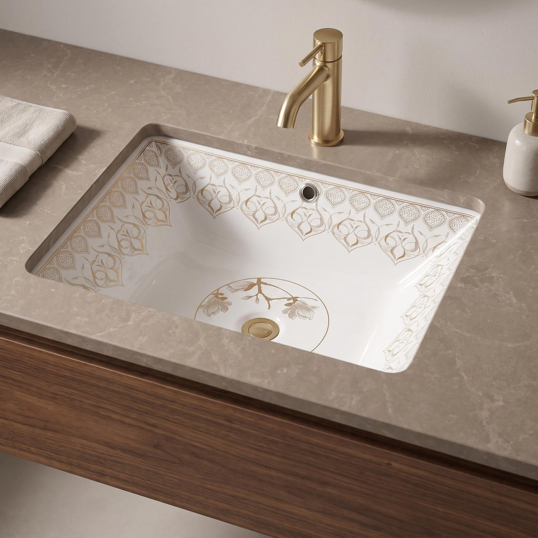 White and Gold Rectangular Ceramic undermount bathroom sink