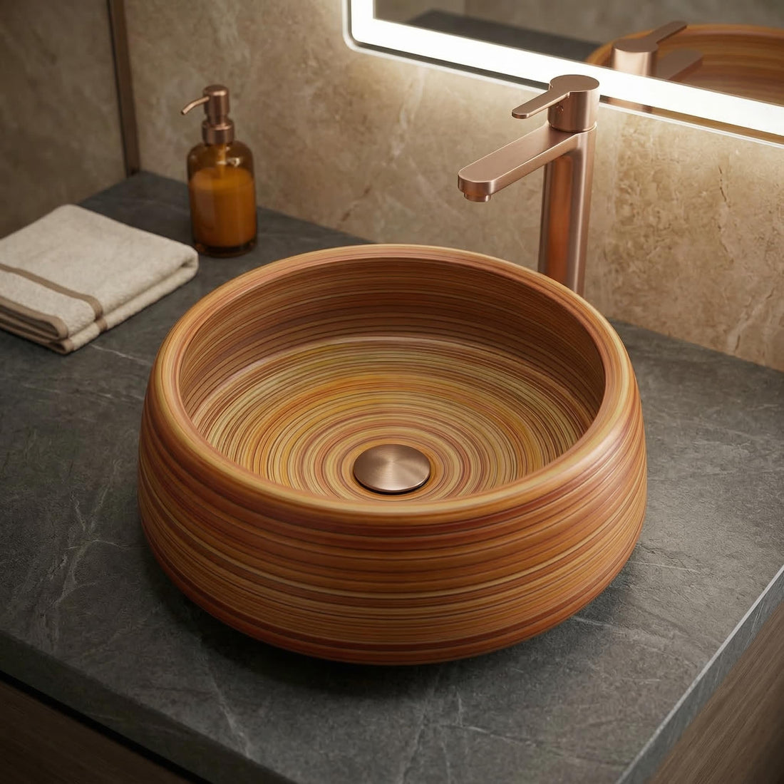InArt Wood-Grain Glossy Ceramic Round Vessel Sink – Above Counter, 16.5" Bathroom Bowl