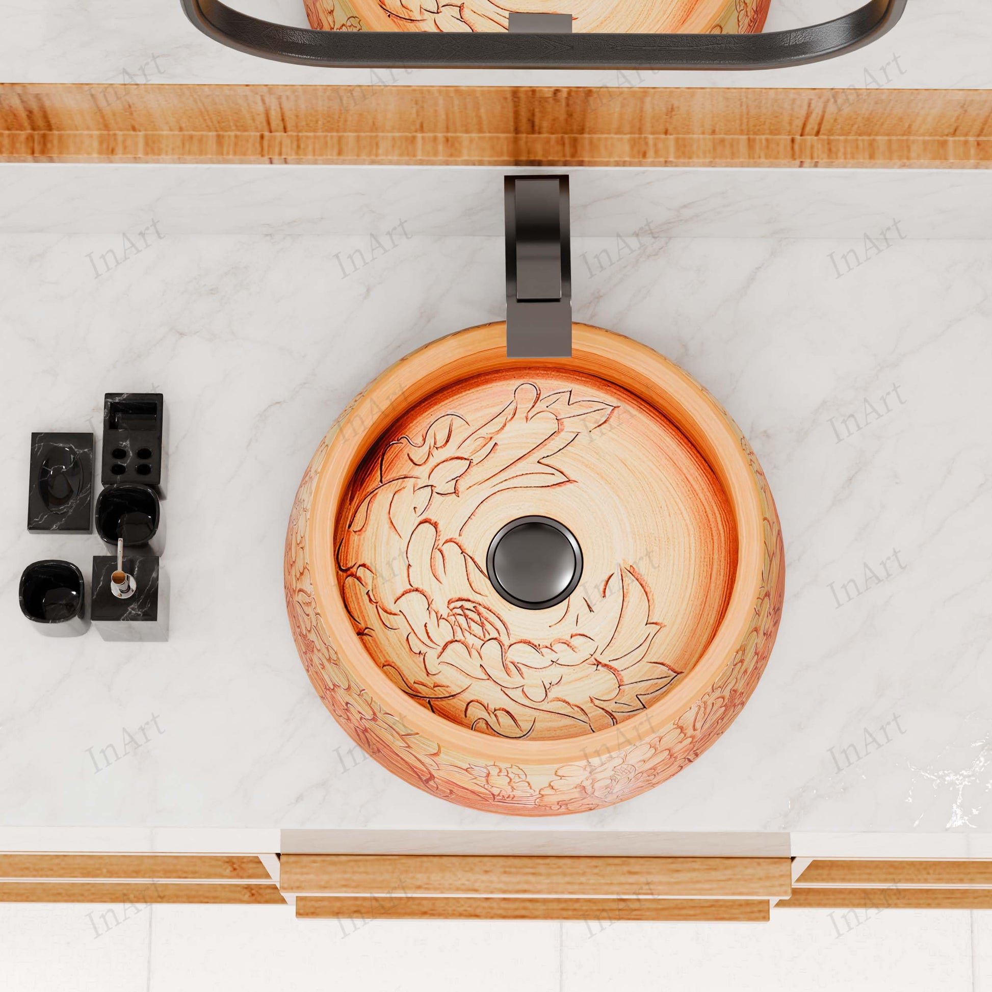 InArt Wood-Tone Ceramic Round Vessel Sink – Floral Art Design, 16.5", additional product view 7