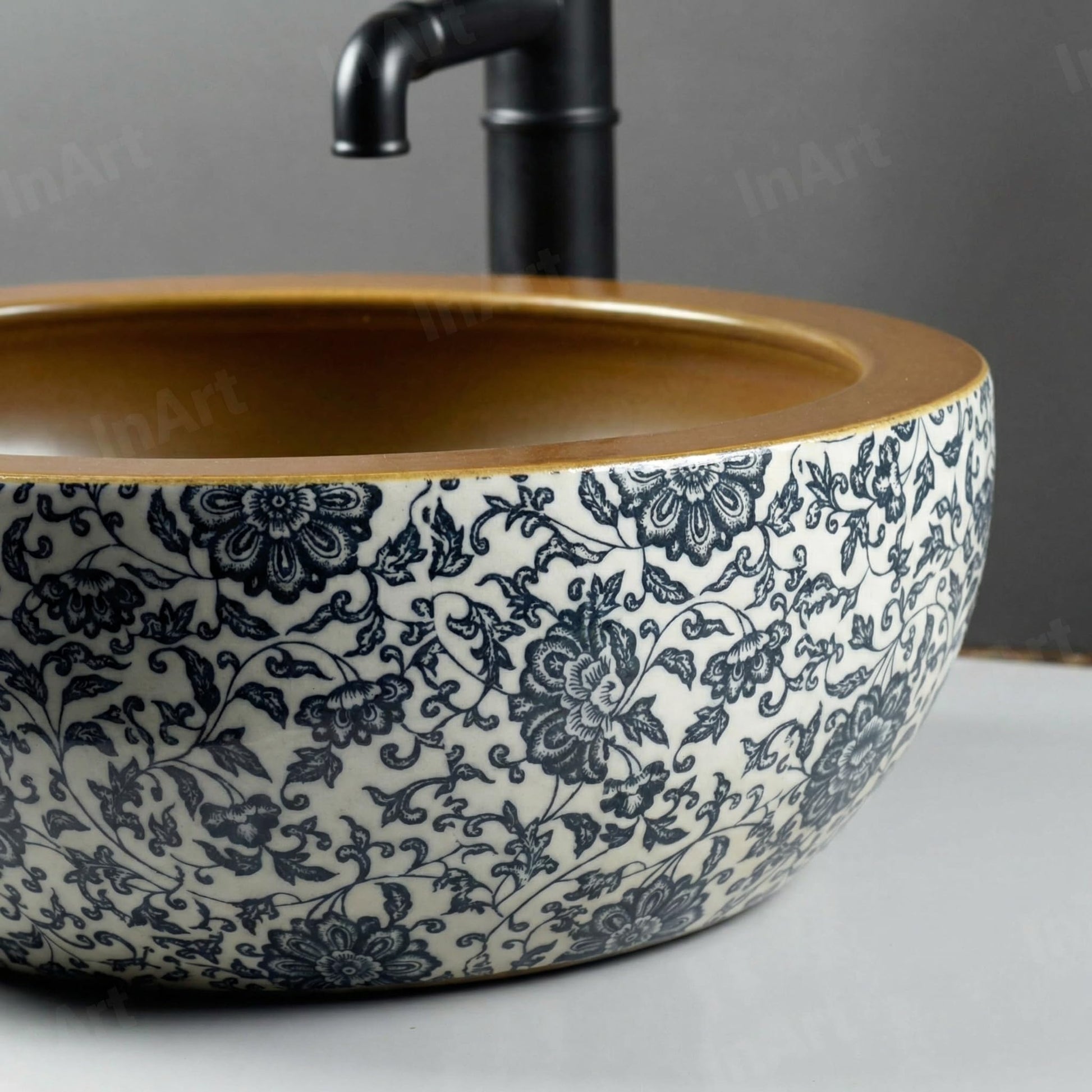 Bath bowl sink interior depth view, square ceramic wash basin with smooth easy-clean surface for countertop vanity
