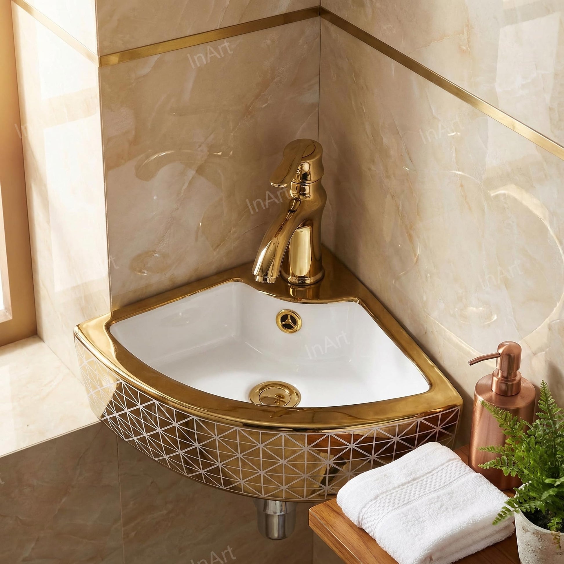 InArt Ceramic Corner Wall Hanging /Wall Mount/Counter Top Wash Basin Bathroom Sink For Lavatory Golden White Color 33 x 33 x 13 Cm, additional product view 4