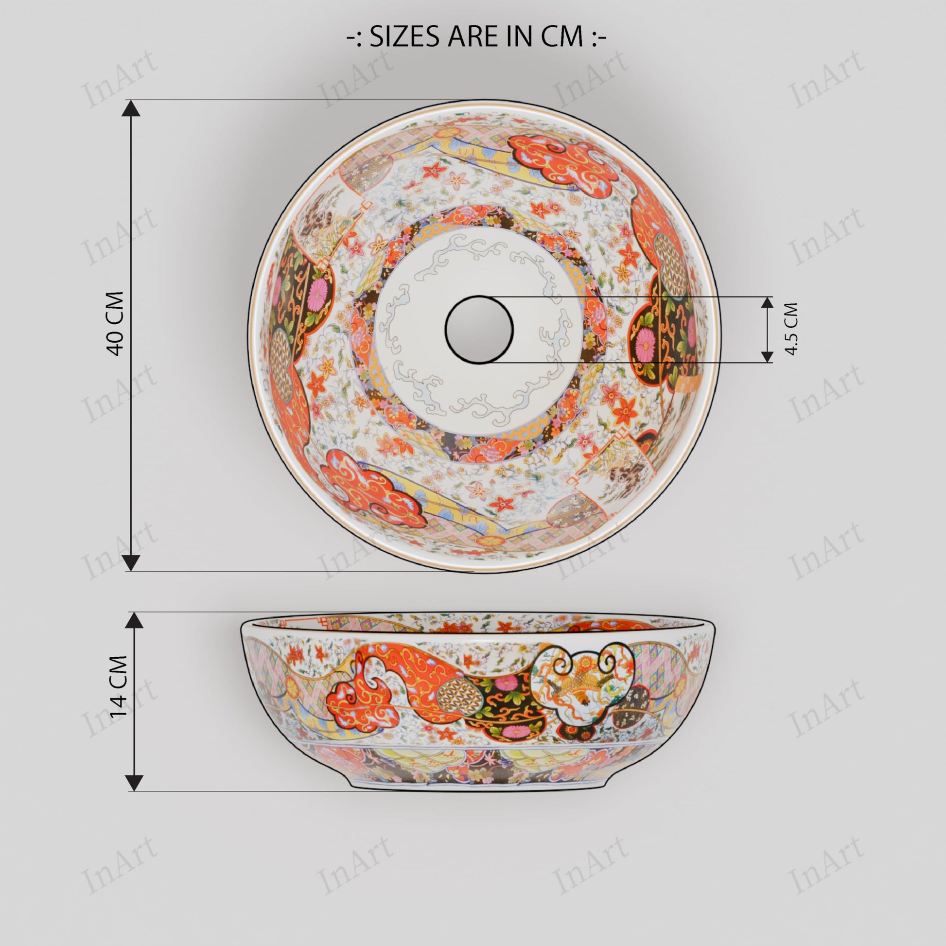 InArt Glossy Moroccan Ceramic Round Vessel Sink – Decorative Pattern, 15.75", additional product view 6