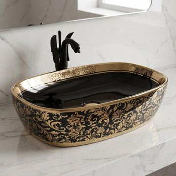Black and Gold Rectangular Ceramic vessel bathroom sink