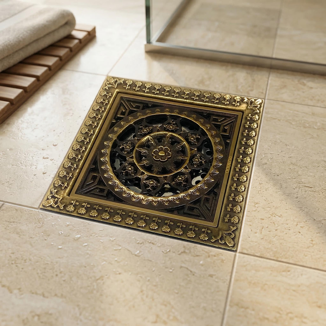InArt 12 x 4 Inch Square Brass Bathroom Floor Drain with Strainer Grate