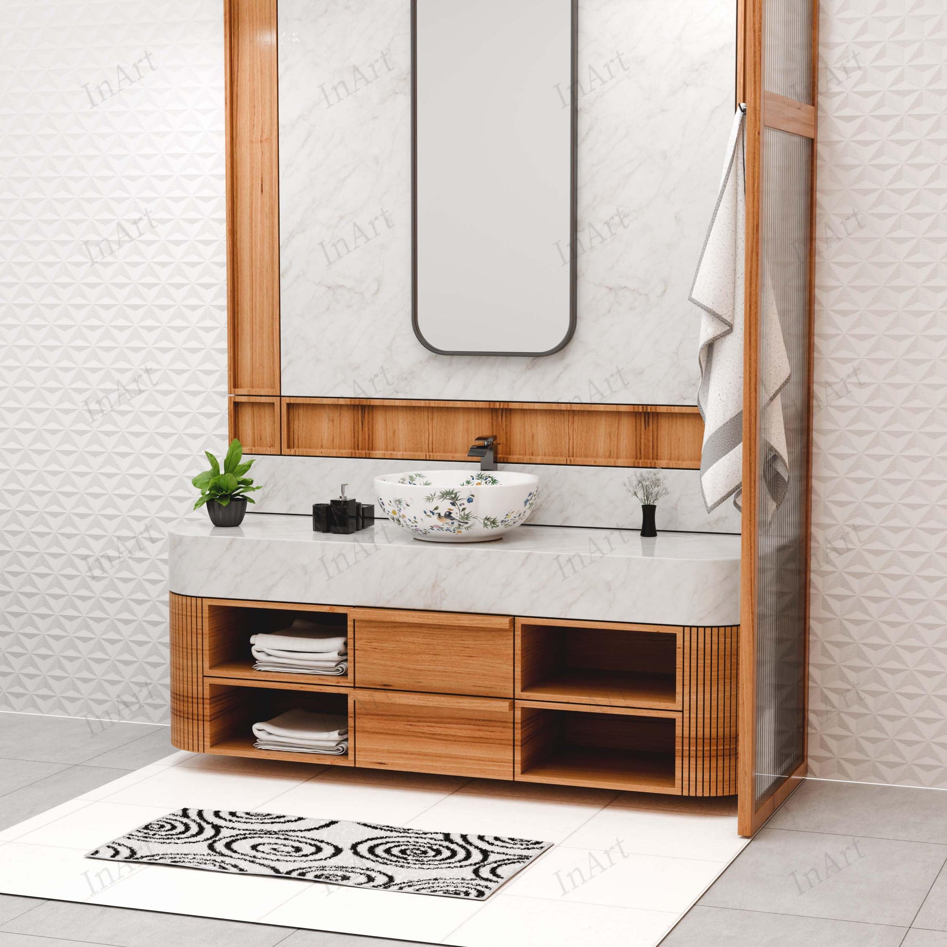 Sink bathroom bowl close-up of glossy white ceramic finish and Moroccan floral pattern on round basin