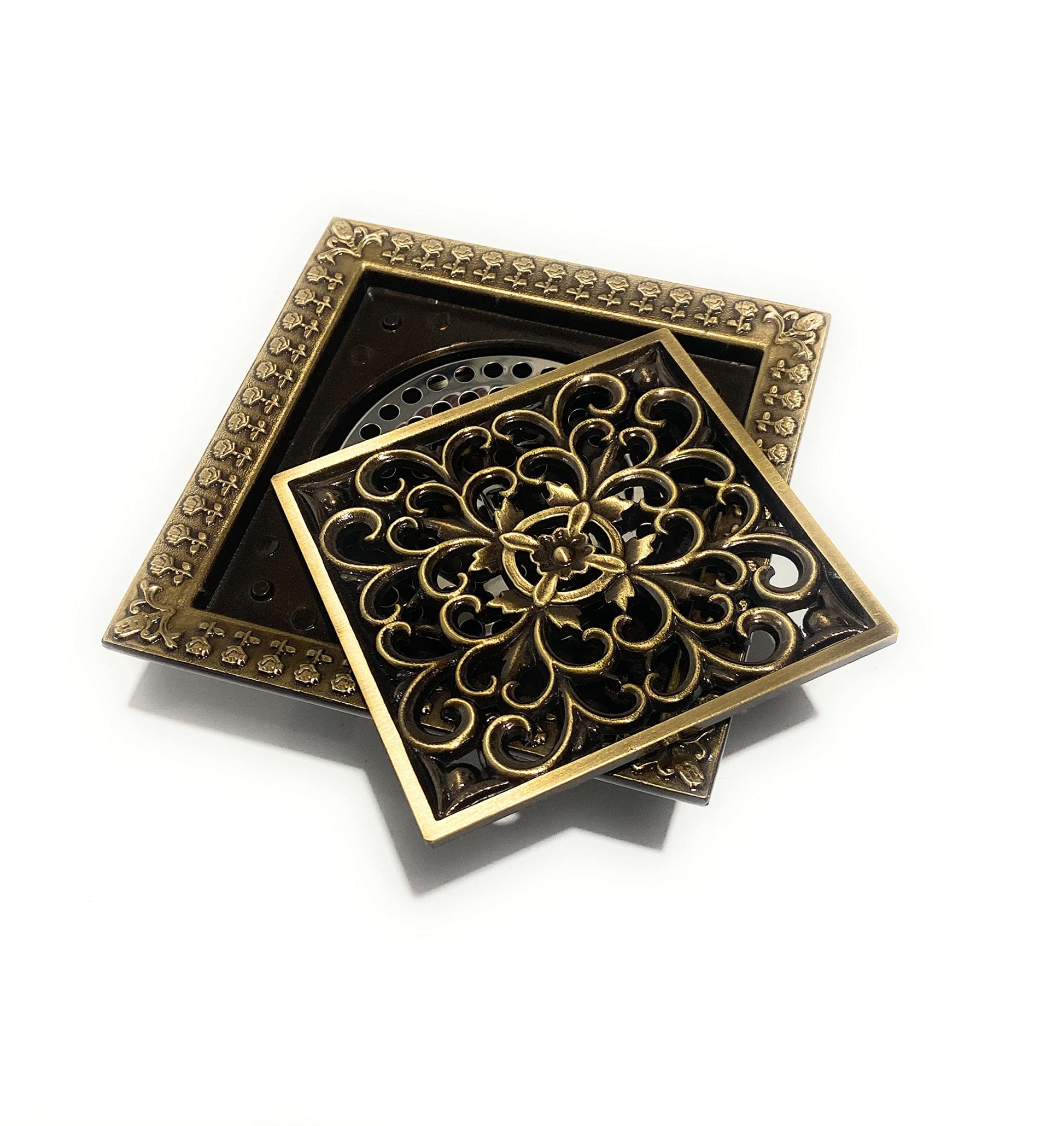 4 inch shower drain assembly in brass with odor trap insert and pest-blocking design, exploded view