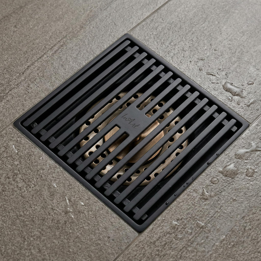 InArt Matte Black Linear Brass Shower Drain Channel with Side Outlet, 12 x 4 Inch