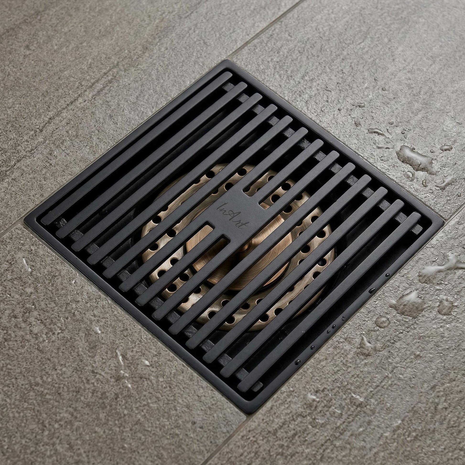 InArt Matte Black Linear Brass Shower Drain Channel with Side Outlet, 12 x 4 Inch