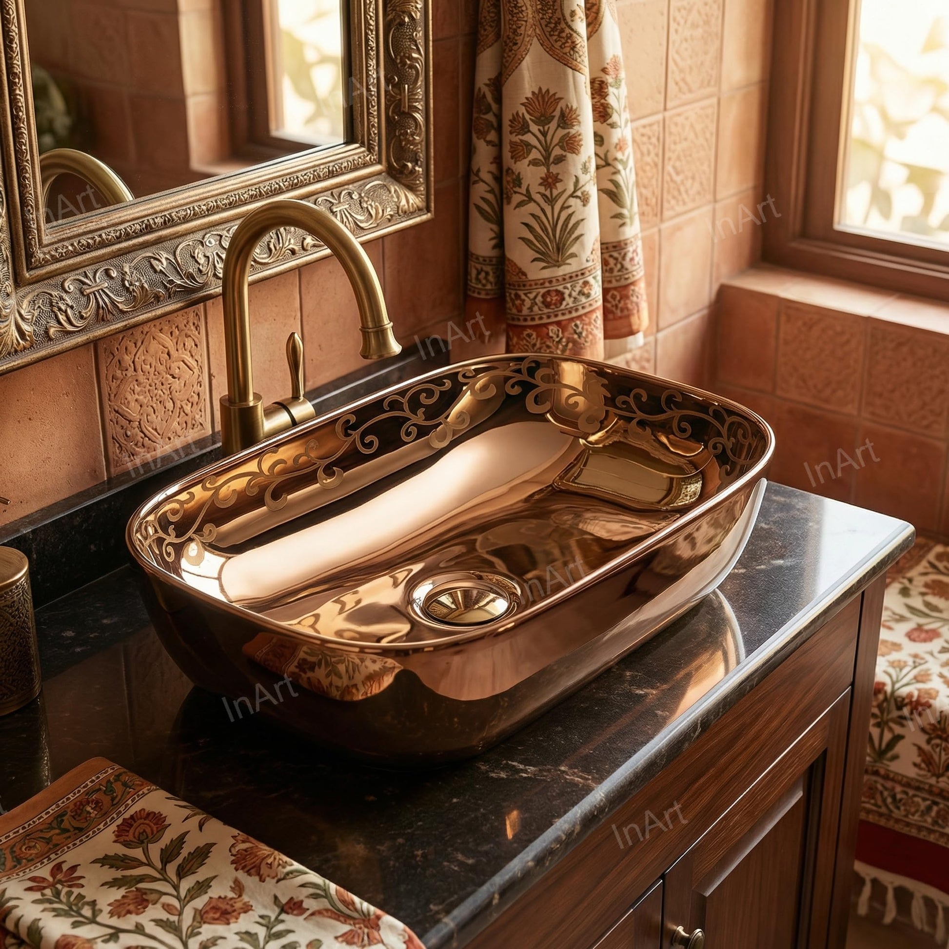 Close-up of rose gold finish on InArt ceramic rectangular vessel sink rim and smooth glaze