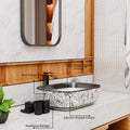 Table top sink drain opening detail, rectangular ceramic vessel sink in silver white finish