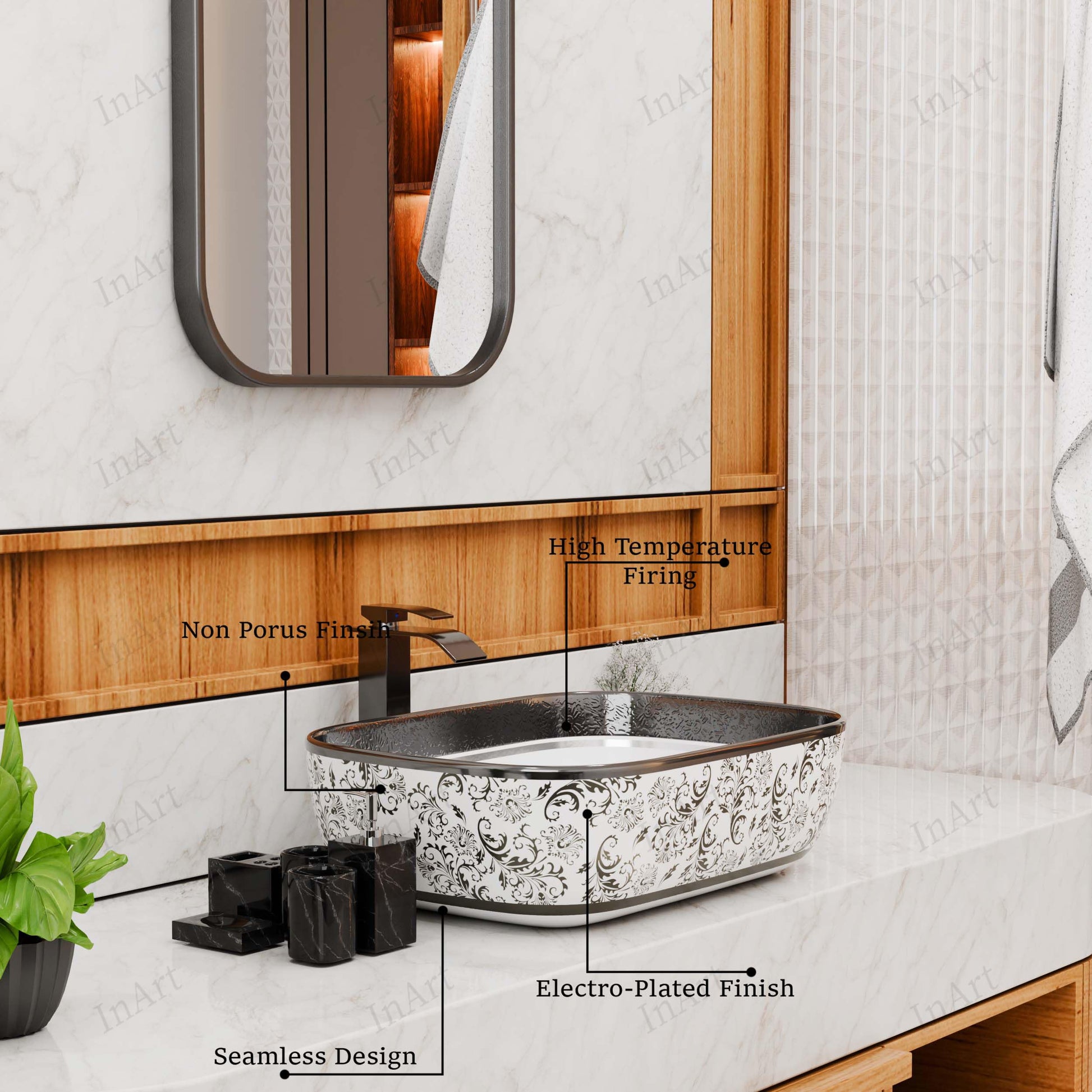 Table top sink drain opening detail, rectangular ceramic vessel sink in silver white finish