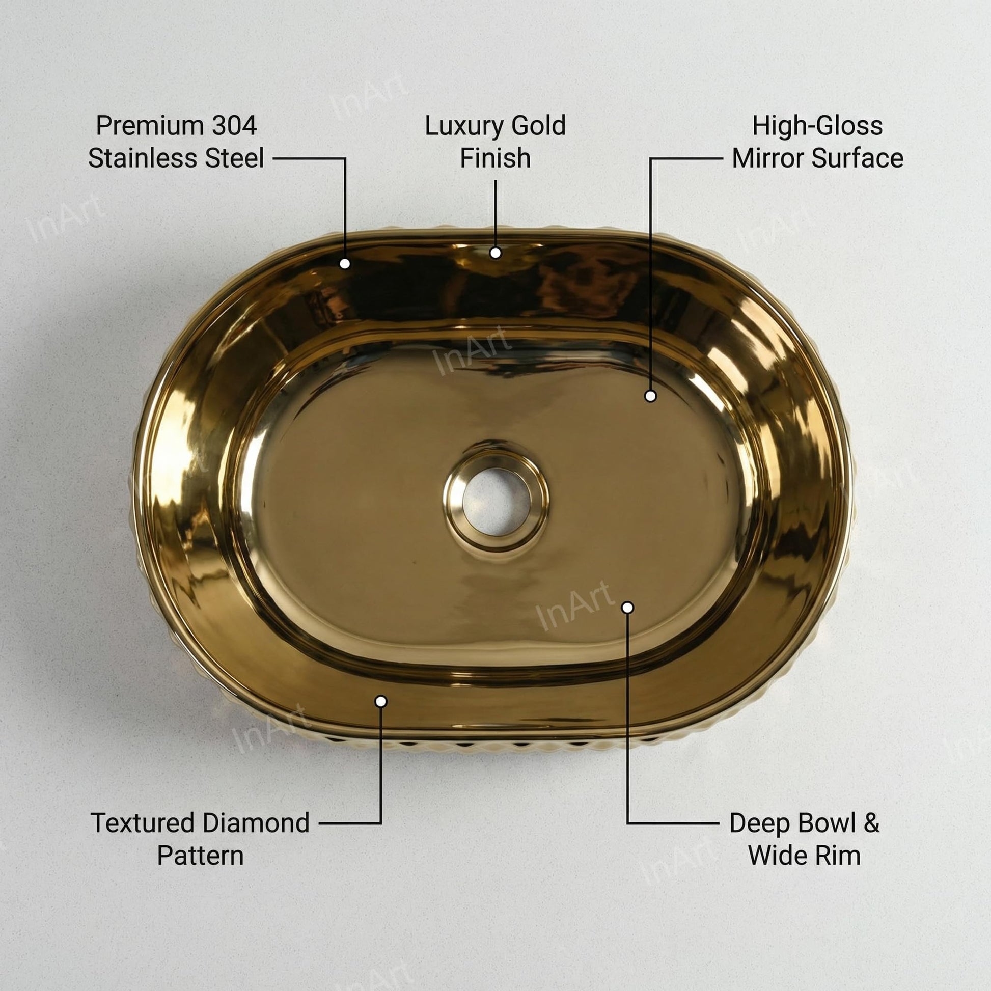 Vessel sink vanity top view of glossy gold ceramic oval vessel sink, 45x34cm