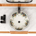 Floating vanity for small bathroom styled with blue floral round ceramic vessel sink and modern faucet
