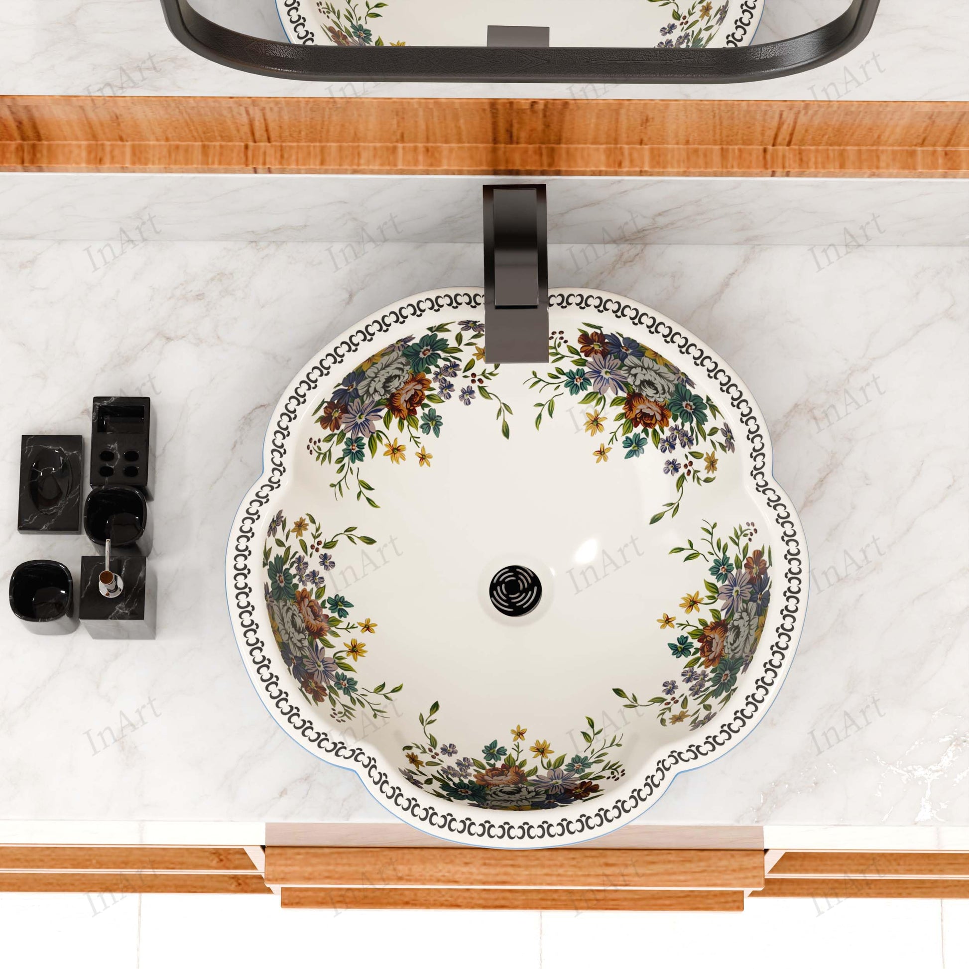 Floating vanity for small bathroom styled with blue floral round ceramic vessel sink and modern faucet