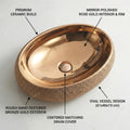 Over counter bathroom sink angled view, rose gold polished rectangular ceramic vessel sink