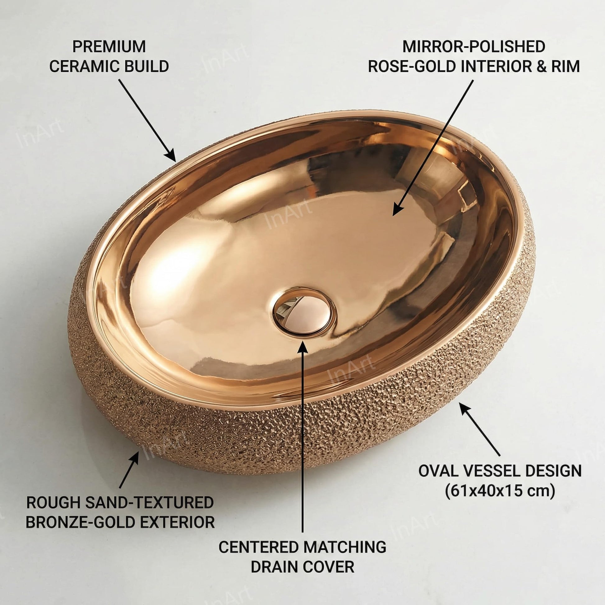 Over counter bathroom sink angled view, rose gold polished rectangular ceramic vessel sink