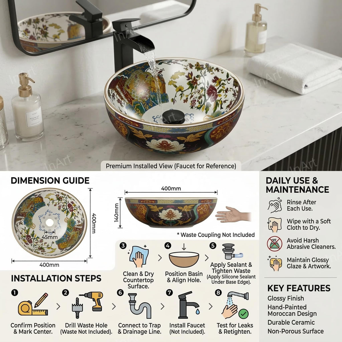 InArt Glossy Multicolor Ceramic Round Vessel Sink – Hand-Painted Pattern, 16.5", additional product view 6