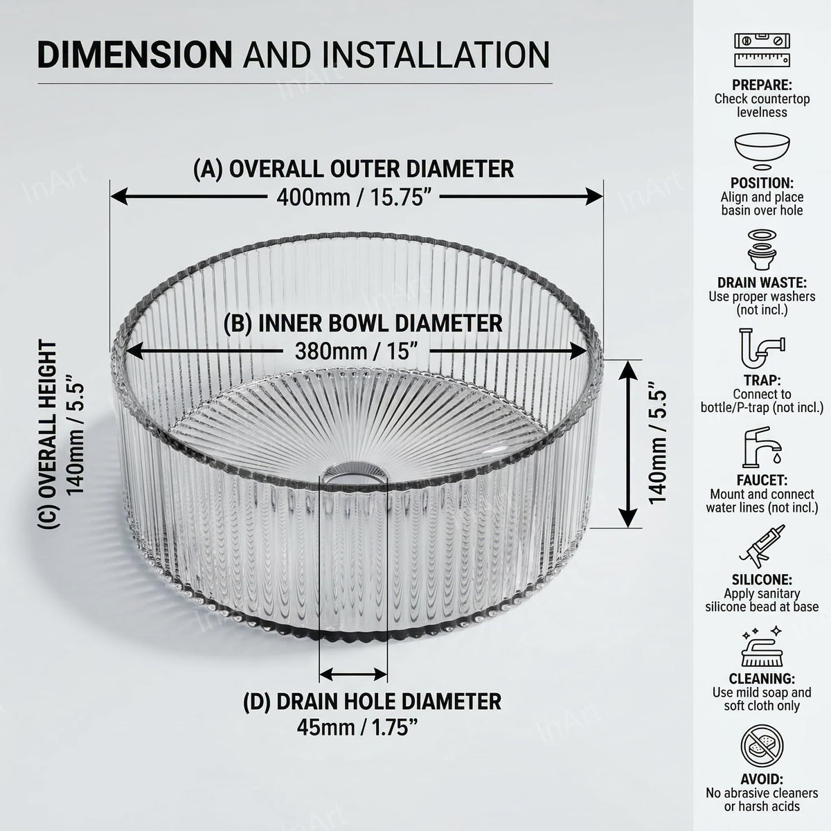 InArt Crystal Clear Round Glass Vessel Sink, Ribbed Design, 15.6 Inch Above-Counter Bathroom Basin, additional product view 6