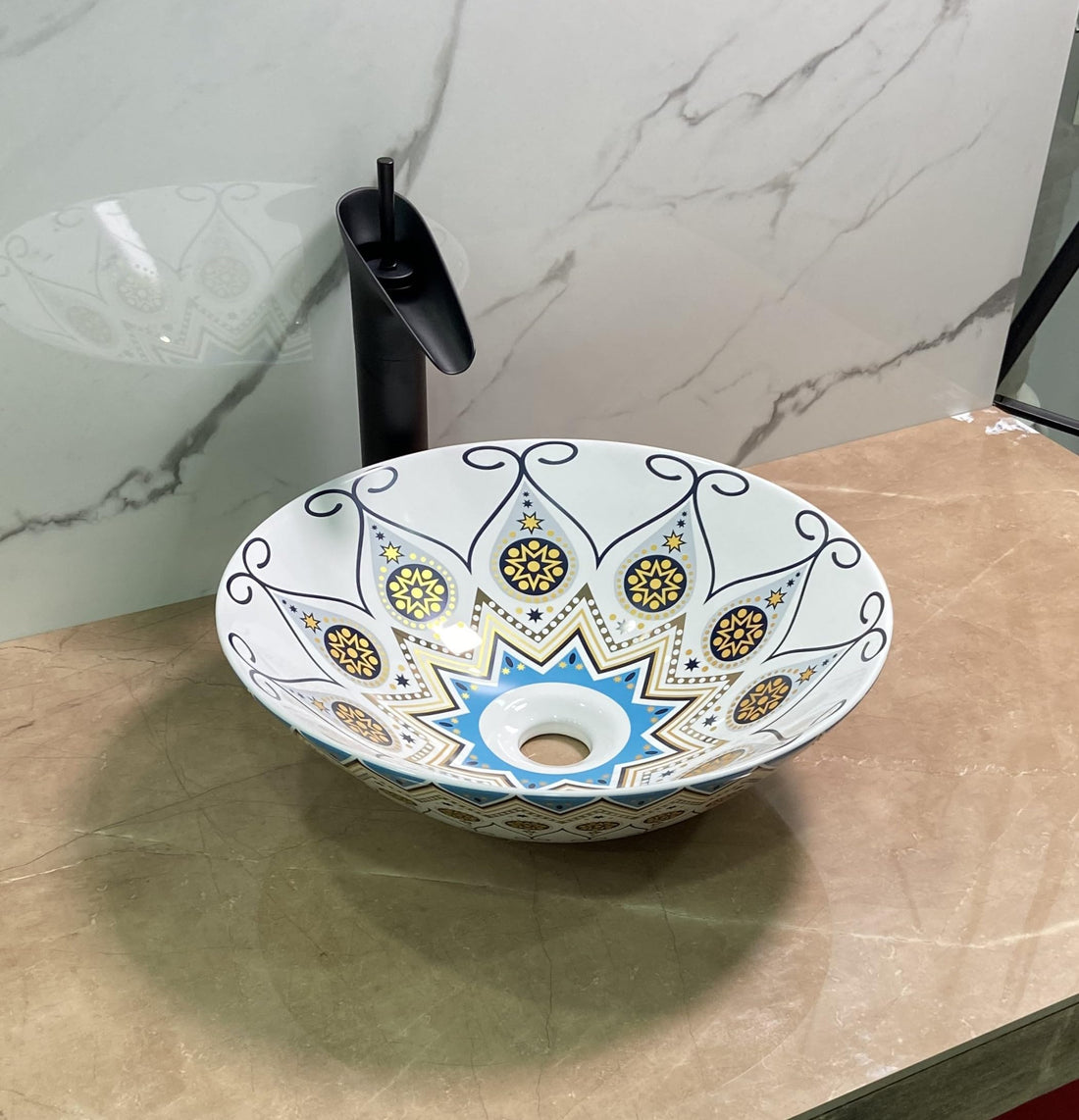 Mexican sinks InArt blue yellow Talavera ceramic round vessel sink 16 inch tabletop wash basin