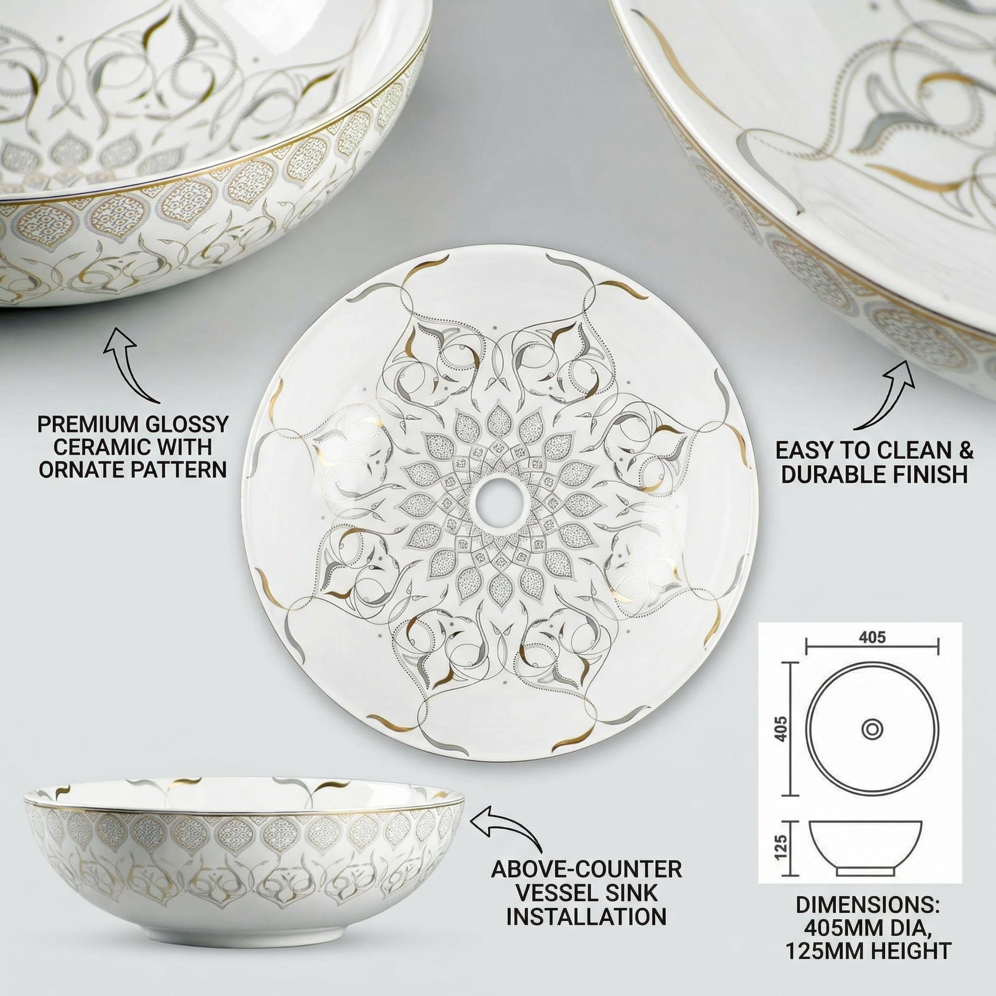 Over counter bathroom sink side profile showing 5-inch height, round white ceramic vessel sink with gold trim