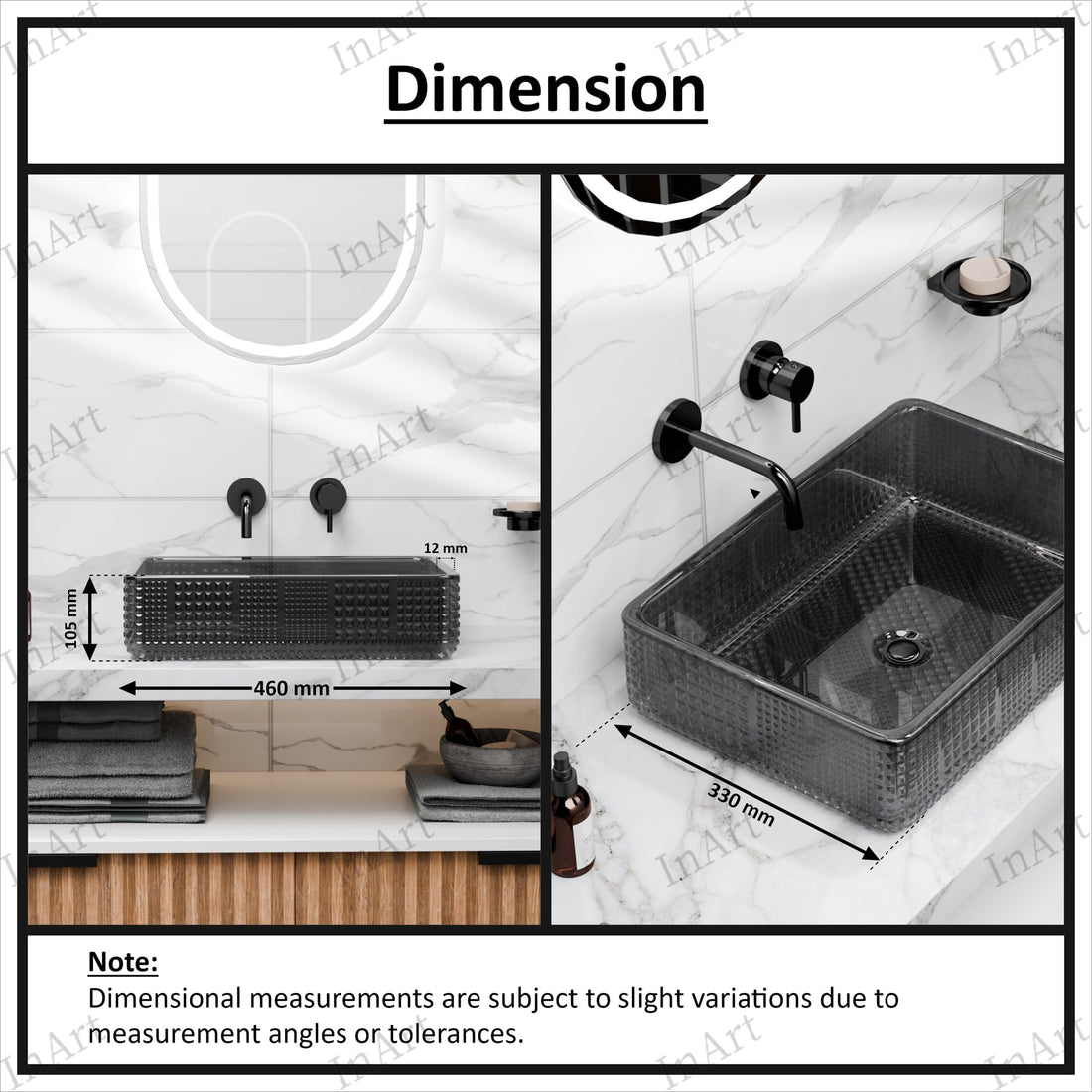 Glass vessel sinks: InArt black rectangular glass wash basin vessel sink, over counter bathroom sink