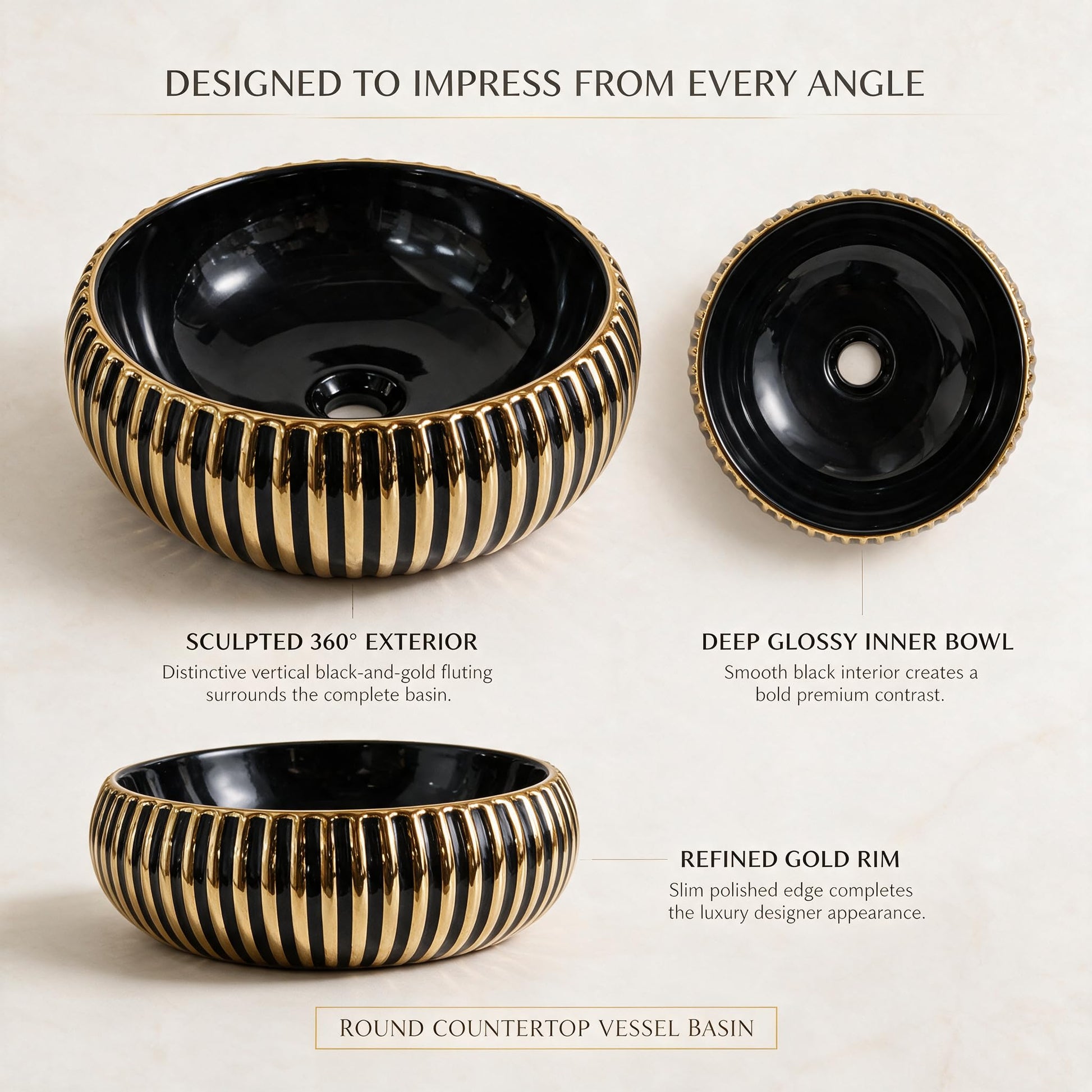 Black and Gold Round Ceramic vessel bathroom sink, additional product view 6