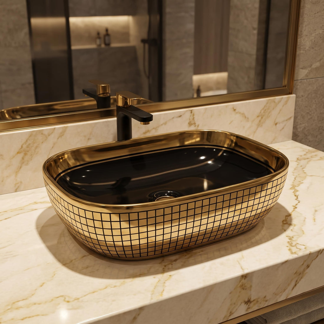 Black and Gold Rectangular Ceramic vessel bathroom sink