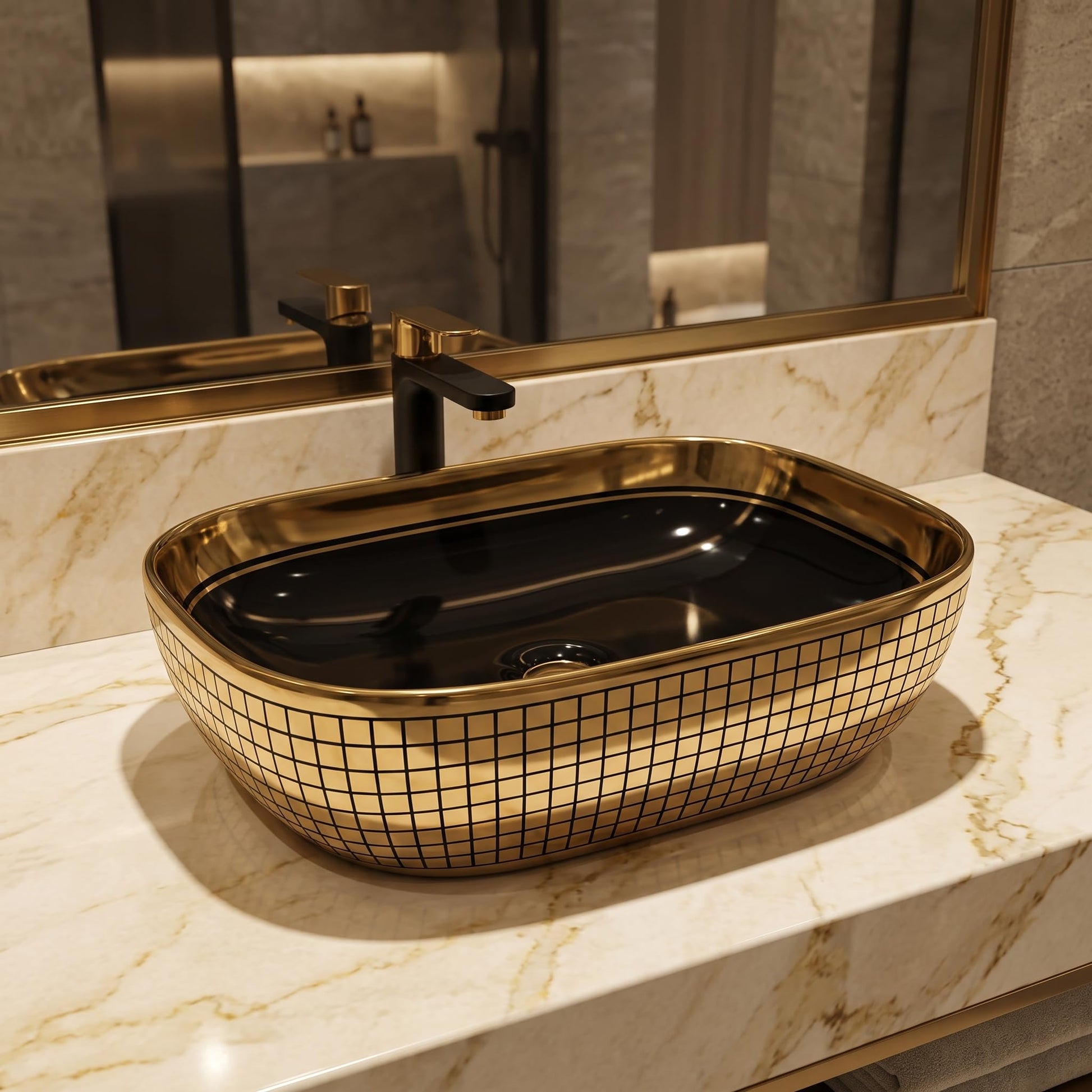 Black and Gold Rectangular Ceramic vessel bathroom sink